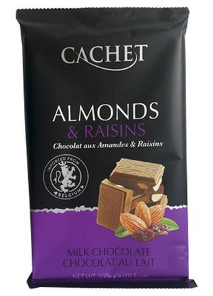 Шоколад молочний cachet кашет almonds & raisins з мигдалем і родзинками, вміст какао 54%, 300 г, бельгія