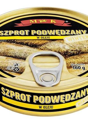 Шпроты цельные в растительном масле mk, 160 г, польша, ж/б