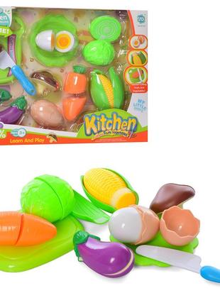 Продукты игрушечные на липучке, овощи, яйцо, дощечка, нож, тарелка wd-q30