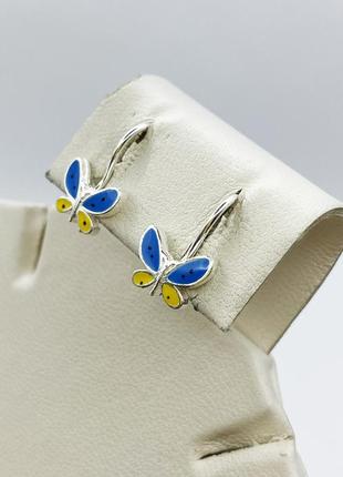 Сережки серебряные детские с ювелирной эмалью "бабочки.ukraine" 1,6 г2 фото
