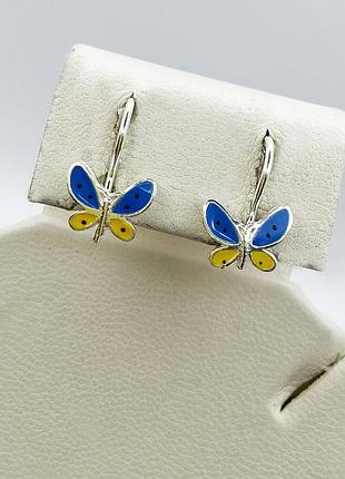 Сережки серебряные детские с ювелирной эмалью "бабочки.ukraine" 1,6 г