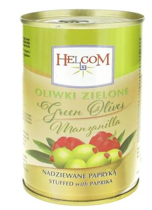 Оливки іспанські зелені фаршировані паприкою (червоним перцем) helcom, 280 г, ж/б