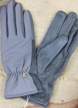 Жіночі сенсорні рукавички замшеві з плащівкою на хутрі гудзик осінь-зима розмір m графітовий2 фото