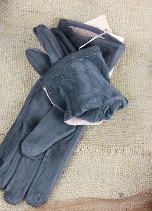 Жіночі сенсорні рукавички замшеві з плащівкою на хутрі гудзик осінь-зима розмір m графітовий3 фото