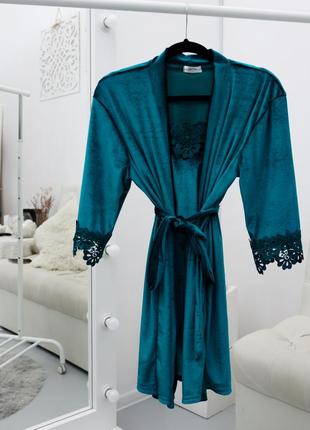 Велюровый халат и  рубашка с кружевом. велюровый комплект с халатом. велюровый халат и ночнушка с кружевом