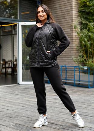 Стильний жіночий теплий спортивний костюм, теплий костюм-двійка чорного кольору, розміри 46-60