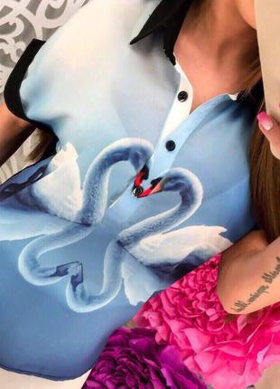 ✅ красивенная шифоновая блуза с 3 д рисунком лебеди сердечко3 фото