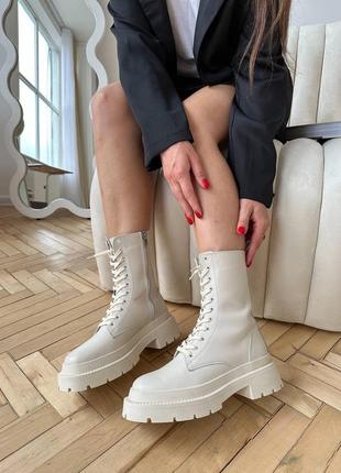Высокие кожаные ботинки на шнуровках, беж, осень/зима, женские9 фото