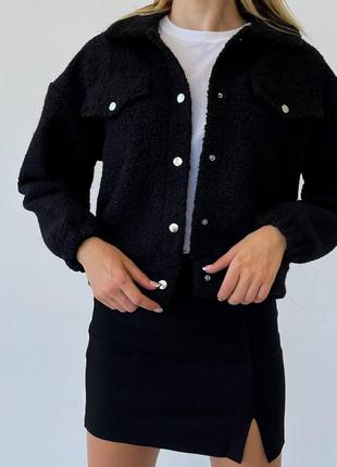 Бомбер жіночий теплий хутряний teddy осінній весняний чорний | куртка на овчині осінь весна1 фото