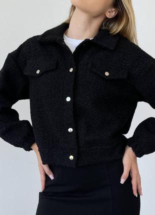 Бомбер жіночий теплий хутряний teddy осінній весняний чорний | куртка на овчині осінь весна6 фото