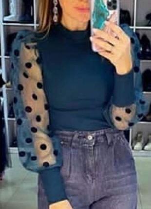 Кофта в рубчик рукав пишний фанарик в горох