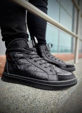 Зимние ботинки из лого philipp plein, кожа и набивная шерсть, мех. зимние ботинки кожаные с мехом4 фото
