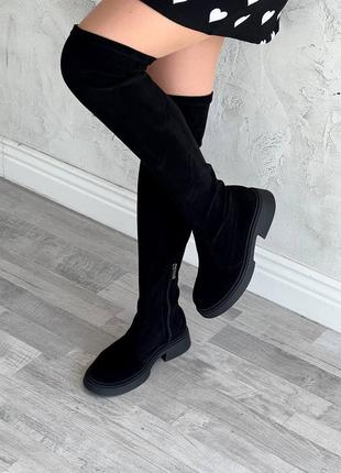 Натуральные замшевые женские ботфорты черные \ зимняя и осенняя обувь