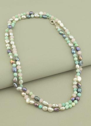 Довге намисто кольорові перли, амазоніт, кварц природний, довжина 89 см.