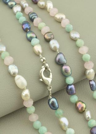 Довге намисто кольорові перли, амазоніт, кварц природний, довжина 89 см.2 фото