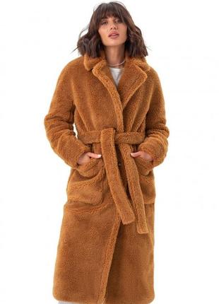 Шуба - пальто женская длинная, зимняя, теплая, оверсайз, тедди эко мех, коричневая
