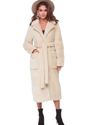 Шуба - пальто женская длинная, зимняя, теплая, оверсайз, тедди эко мех, бежевая3 фото