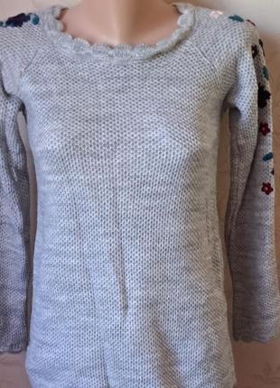 Свитер с цветочной вышивкой, свитшот нарядный свитер вязаный, кофта маленький размер, зимний свитер, джемпер
