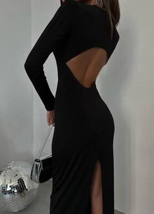 Довга чорна сукня міді з вирізом на спинці вечірнє плаття з довгими рукавами і розрізом3 фото