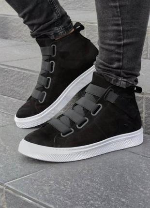 Топові чорні зимові кросівки,черевики чоловічі,на липучках,на заліпках,шкіра нубук- взуття на зиму4 фото