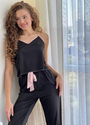 Do2515 чорна шовкова піжама майка і штани + маска на очі