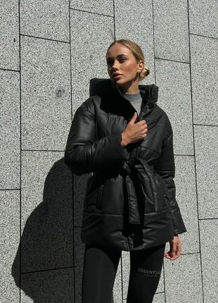 Тепла шкіряна куртка шкіряний пуфер  пуховик з еко-шкіри чорна10 фото
