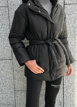 Тепла шкіряна куртка шкіряний пуфер  пуховик з еко-шкіри чорна4 фото