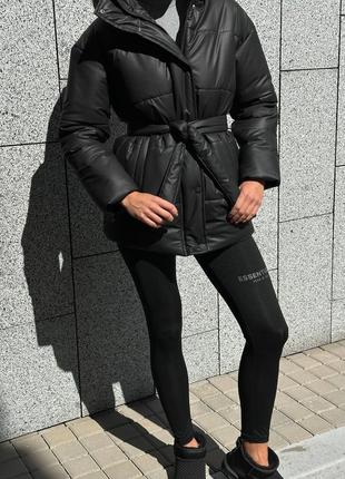 Тепла шкіряна куртка шкіряний пуфер  пуховик з еко-шкіри чорна6 фото