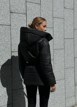 Тепла шкіряна куртка шкіряний пуфер  пуховик з еко-шкіри чорна2 фото