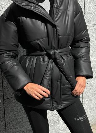 Тепла шкіряна куртка шкіряний пуфер  пуховик з еко-шкіри чорна8 фото