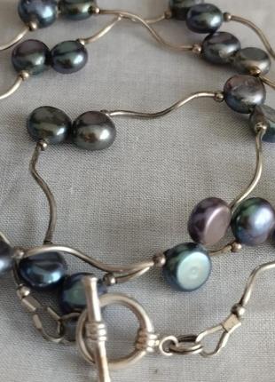 Серебряное с темными натуральными морскими жемчугами ожерелье колье англия6 фото