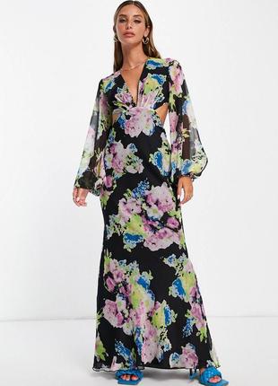Платье макси с объемными рукавами asos design с ярким размытым цветочным принтом4 фото