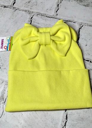 Шапка в рубчик дитяча шапка шапочка для дівчинки бантик з вушками жовта від 1,5 до 3 років 48-50р3 фото