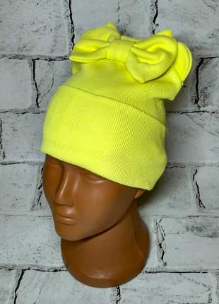 Шапка в рубчик дитяча шапка шапочка для дівчинки бантик з вушками жовта від 1,5 до 3 років 48-50р2 фото