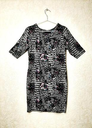 Damned delux португалия платье по фигуре мини чёрное/серое цветы стрейч-трикотаж женское 44 46