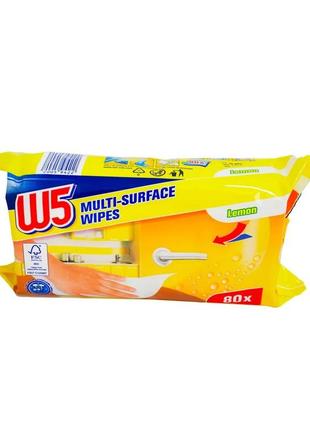 Влажные салфетки w5 для уборки, лимон, 80 шт. / w5 multi-surface wipes - lemon