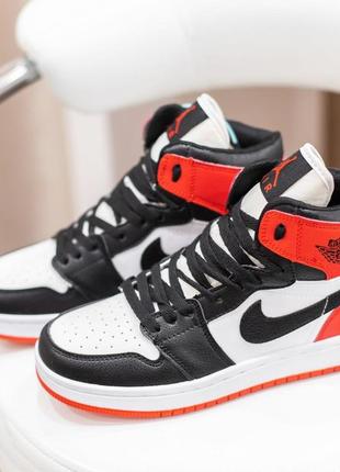 Nike air jordan 1 retro кроссовки мужские кожаные топ качество найк джордан осенние кожа высокие белые с черным и красным4 фото