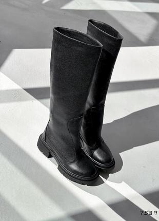 Євро зима чорні натуральні шкіряні зимові чоботи труби на товстій підошві шкіра європейки