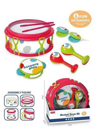 Барабан іграшкова sensory play, маракаси, кастаньєти, бубон, червоний колір, rj 6804