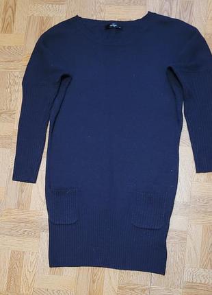 Теплое трикотажное темно- синее платье-свитер шерсть ангора м германия