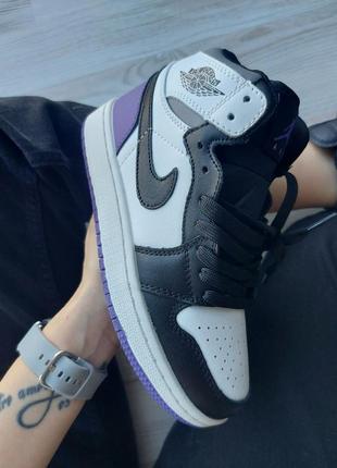 🍁🍀💜🖤nike air jordan 1 retro high black violet white leather🍀🍁💜🖤жіночі кросівки джордан високі, женские кроссовки джордан 1 высокие