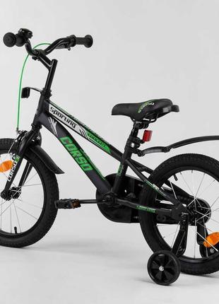 Велосипед детский для мальчика с дополнительными колесами 16 дюймов 2-х колёсный corso r-16218 черный/зеленый4 фото