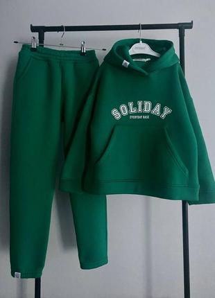 Качественный теплый детский спортивный костюм на флисе для мальчика девочки подростка зеленый утепленный худи и штаны