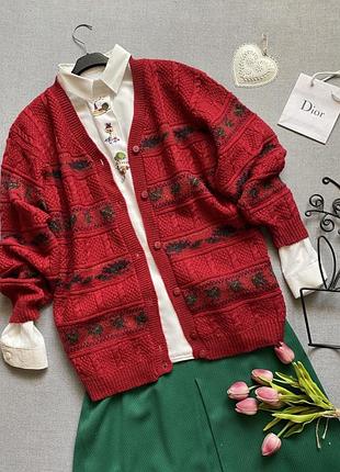 Вовняна кофта, кардиган, люкс якості, bhs, тепла, в'язана, з візерунками, англія, червона,