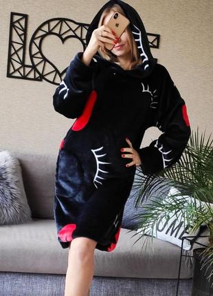 Туника плюшевая теплая с капюшоном черная домашняя одежда пижамная