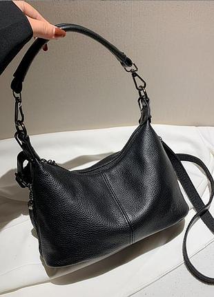 Сумка женская из натуральной кожи черная стильная сумочка через плечо на каждый день для девушки кожаная сумка