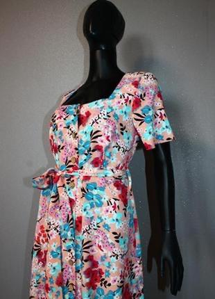 Красивое розово голубое платье халат цветочный принт на пуговицах с квадратным вырезом