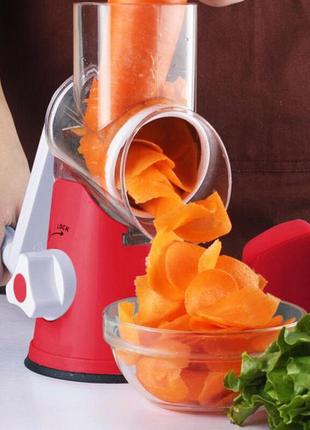 Овочерізка мультислайсер tabletop drum grater kitchen master терка для овочів та фруктів 3 насадки. колір: червоний8 фото