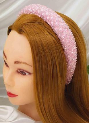 Обруч модный плетеный стиклярусом и бисером розовый 3,5см, ободок для волос