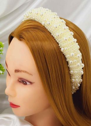 Обруч женский с бусинками 3,5 см, объемный ободок для волос широкий, красивое украшение на голову.